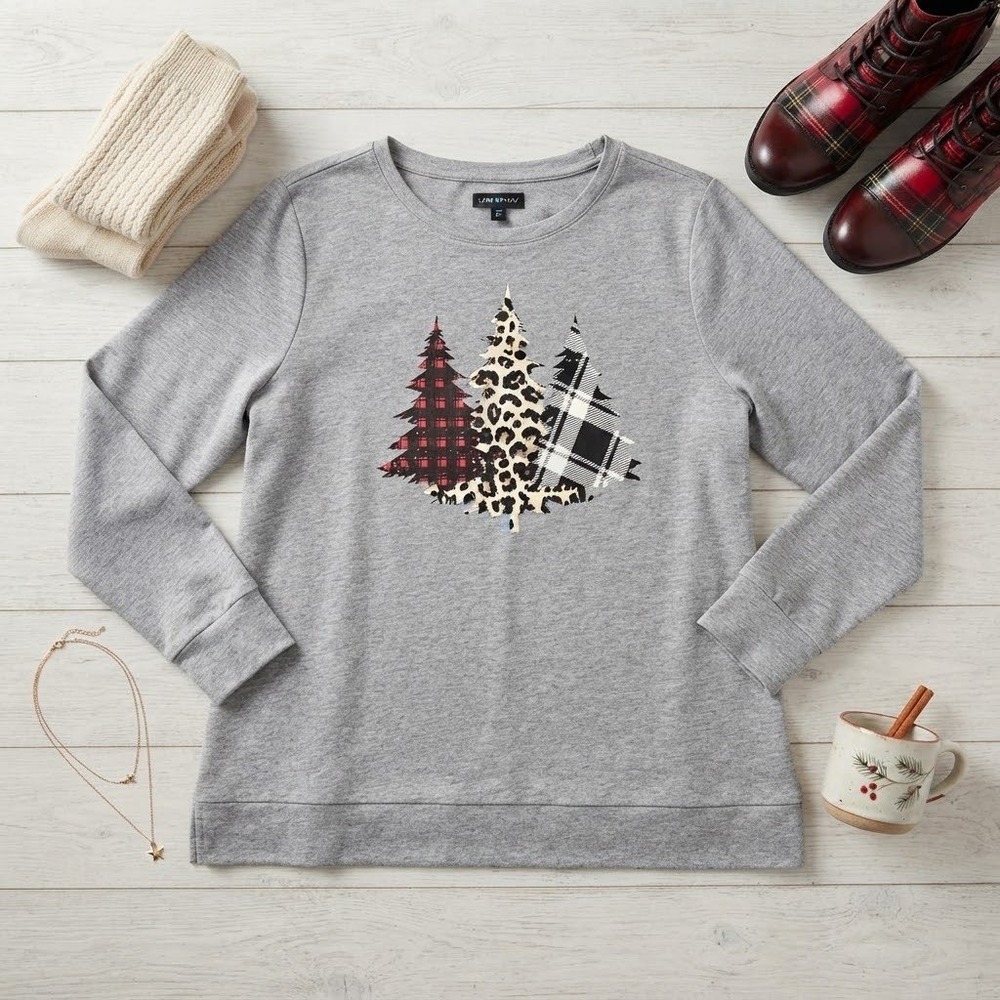 Lane Bryant Christmas Tree Sweatshirt 14/16 Gray Leopard Plaid Holiday Graphic
